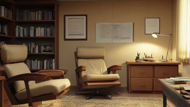 Psychologist office interior with two empty armchairs and bookshelves