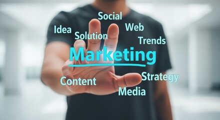 Digital marketing concept presenting modern strategy, solutions, content, and trends through a man's outstretched hand