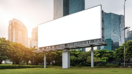 Obraz premium Blank Billboard in Cityscape with Modern Architecture, Perfect for Outdoor Advertising and Promotional Mockups