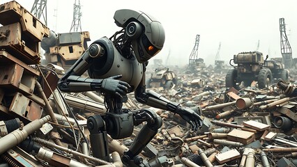 Biomechanical robot disassembling and absorbing parts from identical broken units in a post-apocalyptic scrapyard.