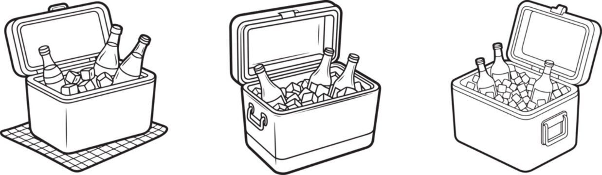 Cooler box with wine bottles and ice line art icon set, summer picnic and camping equipment vector illustration.