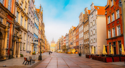 Gdansk with Motlawa river in Poland. Old town colourful house with saint Marys church i main square. © Zedspider