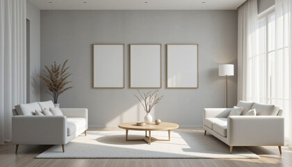 Modern Minimalist Living Room with Three Blank Vertical Frames, Curved White Sofas, Metal Frame Armchair, Wooden Coffee Table, and Floor Lamp