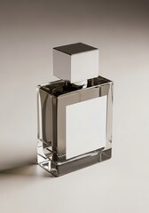 Modern, rectangular glass perfume bottle with a white label, studio shot.