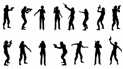 Silhouette illustrations of armed figures in various poses holding guns and aiming on a white background