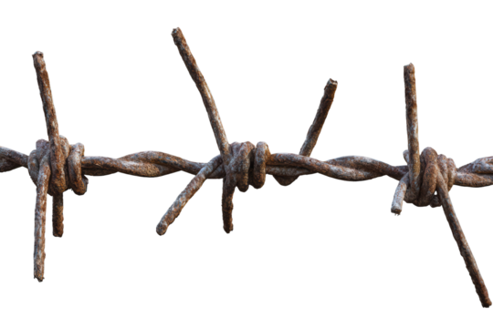Barbed wire isolated against a transparent background showcasing intricate twists and natural weathering over time