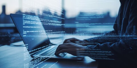 Software Development - A man typing on a laptop, with an abstract overlay of code and a city skyline, symbolizing programming and digital innovation