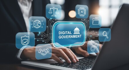 Naklejka premium Digital Government Dashboard — Large Holographic Icons for Law, Security & Services