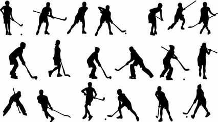 Silhouettes of field hockey players in various poses with sticks and a hockey ball on a white background