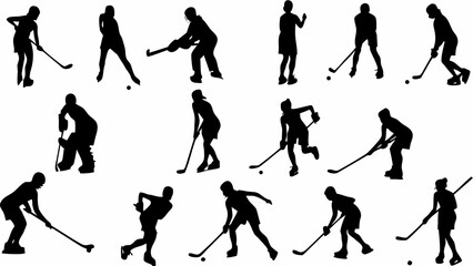 Obraz premium Silhouette depictions of women field hockey players in various action poses on a white background image