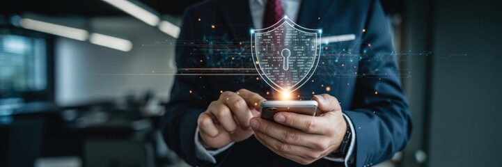 Mobile Security - A businessman holding a smartphone with a glowing shield and padlock icon, symbolizing mobile security and data protection