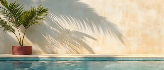 Palm tree by a pool on a light�concrete wall.