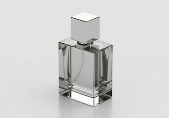 Modern, rectangular glass perfume bottle with silver cap, isolated on a light background.