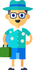 “Cheerful Cartoon Tourist Character with Suitcases in Hawaiian Shirt”
