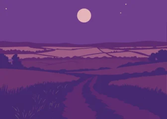 Fototapete Rund Warmes Lila Serene twilight landscape with a winding path under a full moon and stars  © merry