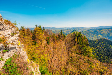 Hiking to peak Tri Koruny or Trzy Korony during day. Pieniny National park in Poland. View from the lookout at the top