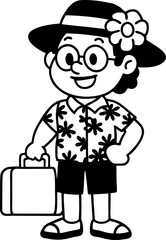 “Cheerful Cartoon Tourist Character with Suitcases in Hawaiian Shirt”