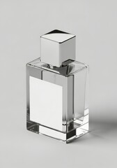 Empty clear glass perfume bottle with a silver cap and label.