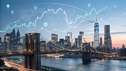 New York City skyline with Brooklyn Bridge and financial data overlay at dusk full hd 4k stock image download