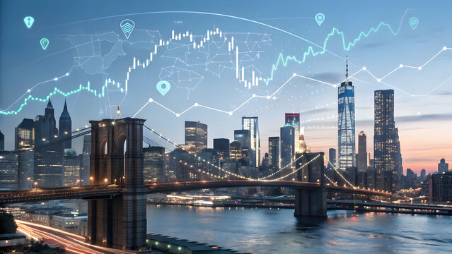 New York City skyline with Brooklyn Bridge and financial data overlay at dusk full hd 4k stock image download