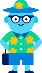 “Cheerful Cartoon Tourist Character with Suitcases in Hawaiian Shirt”