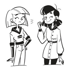 Fototapeta premium fashionable women in a 1950s-inspired black-and-white cartoon style, bold lines, confident poses, one in a skirt suit, the other in a short skirt and sweater, mid-century modern illustration style