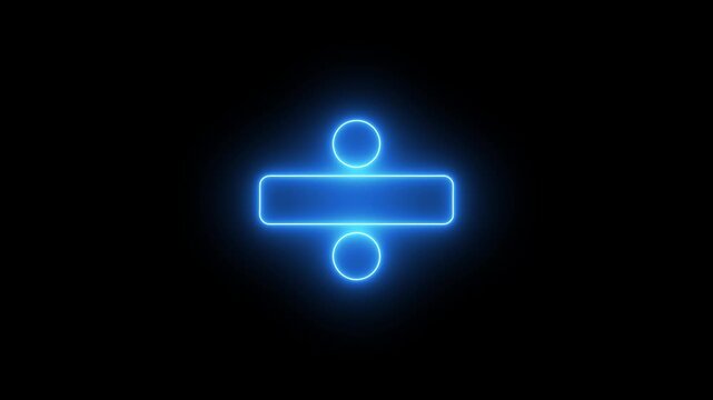 Glowing neon divided icon, Neon glowing division symbol displayed on dark background, representing digital math icon, modern interface sign. 4K video