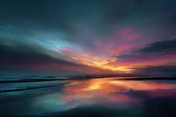 Obraz premium Dramatic Beach Sunset Reflection Art Print Vibrant Sky Over Ocean Waves Serene Beauty Coastal Landscape Nature