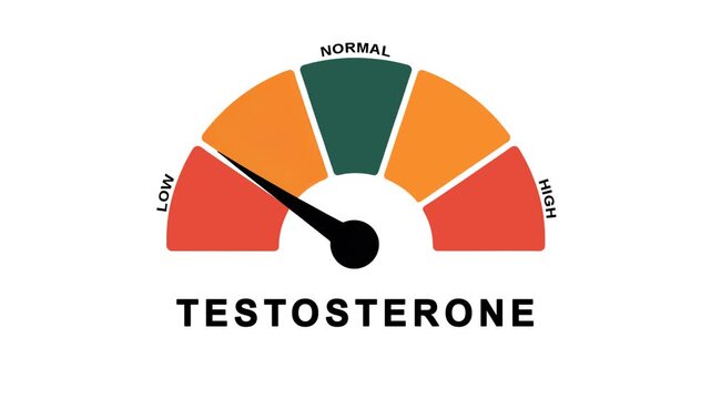 Animated testosterone level meter decreasing from normal to low level for concepts related to low testosterone, hormone imbalance, and men&rsquo;s health awareness
