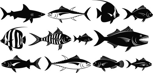 Black and White Fish Illustration Set, Ten Stylized Species, Shark, Tuna, Angelfish, Striped Fish, Educational, PNG, Vector, Line Art