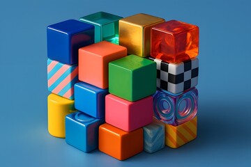 Obraz premium Vibrant Assorted Geometric Blocks on Blue Background