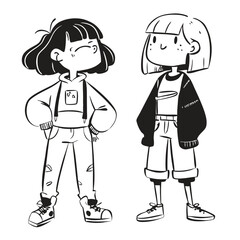 fashionable women in a 1950s-inspired black-and-white cartoon style, bold lines, confident poses, one in a skirt suit, the other in a short skirt and sweater, mid-century modern illustration style