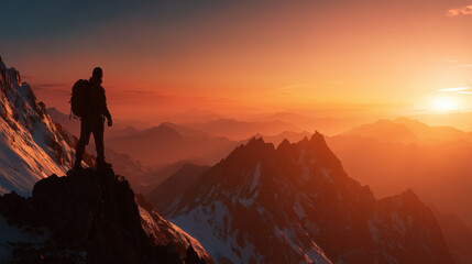 Fototapeta premium photo of a young man looking at a big beautiful mountain that he is going to climb, inspiring