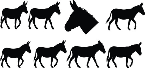 Black Silhouettes of Donkeys, Eight Poses, Walking, Standing, Donkey Head Icon, PNG, Vector, Line Art, Minimalist, Isolated