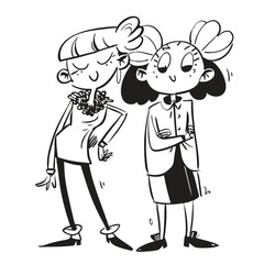 fashionable women in a 1950s-inspired black-and-white cartoon style, bold lines, confident poses, one in a skirt suit, the other in a short skirt and sweater, mid-century modern illustration style