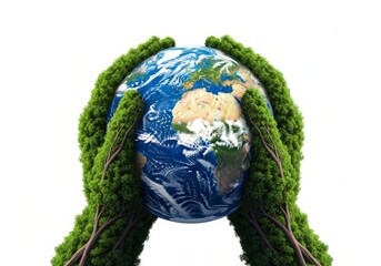 Two tree-like hands gently cradle a vibrant blue and green Earth globe against a clean white background, symbolizing environmental care and protection.