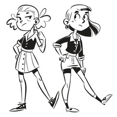 fashionable women in a 1950s-inspired black-and-white cartoon style, bold lines, confident poses, one in a skirt suit, the other in a short skirt and sweater, mid-century modern illustration style