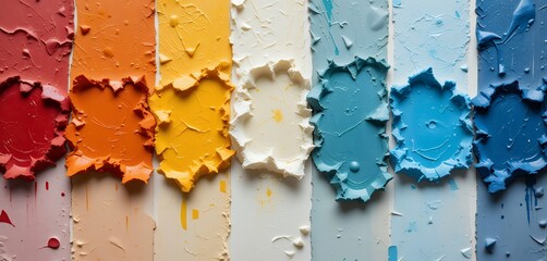 Fototapeta premium Close up of textured paint swatches in warm and cool tones arranged side by side creating vibrant