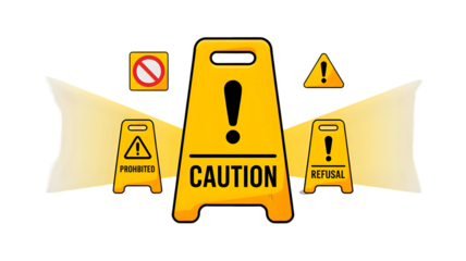 Yellow caution signs with exclamation points and prohibited symbol on a black background illustration on transparent background