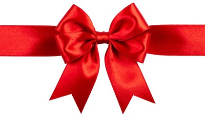 A vibrant red satin ribbon tied into a large, elegant bow against a stark white background