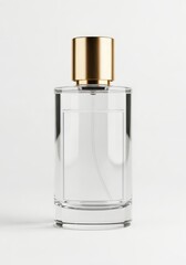 Elegant perfume bottle with gold cap, showcasing a minimalist design, isolated on white.