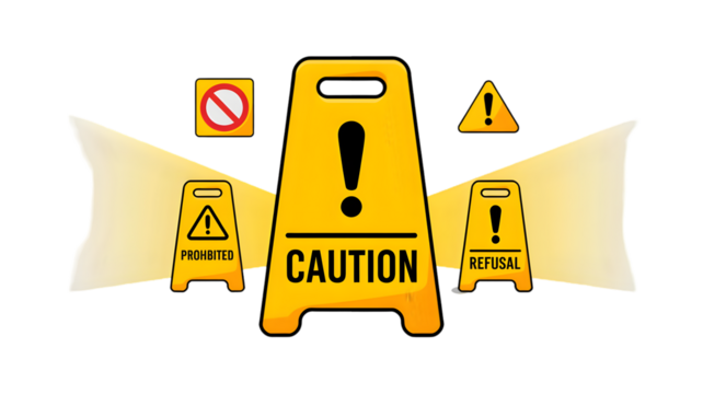 Yellow caution signs with exclamation points and prohibited symbol on a black background illustration on transparent background