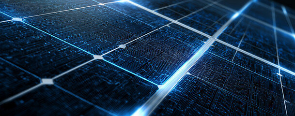 A photorealistic depiction of solar panels with stock market charts and green energy symbols, set against the backdrop of wind turbines under a clear sky at sunrise.