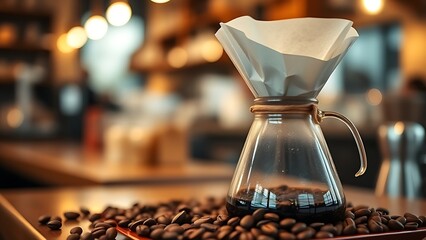 Fresh coffee beans beside a Chemex brewer in warm, inviting lighting.