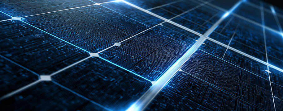 A photorealistic depiction of solar panels with stock market charts and green energy symbols, set against the backdrop of wind turbines under a clear sky at sunrise.