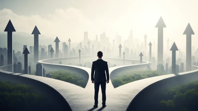 A businessman stands at a crossroads, contemplating the future and the different paths ahead, with arrows pointing towards a distant city skyline under a bright sky