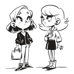 fashionable women in a 1950s-inspired black-and-white cartoon style, bold lines, confident poses, one in a skirt suit, the other in a short skirt and sweater, mid-century modern illustration style