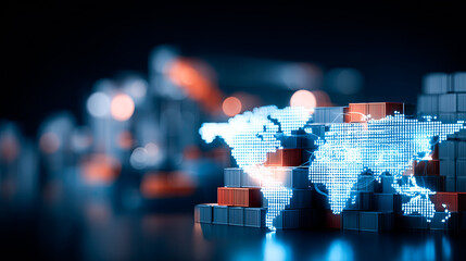 Transportation logistics, supply chain optimization charts, shipping route visualization, cargo port bokeh, global trade analytics