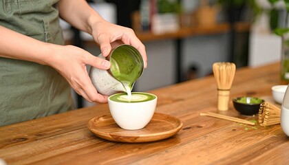 A person pours a green liquid from a small pitcher into a white cup on a wooden table.