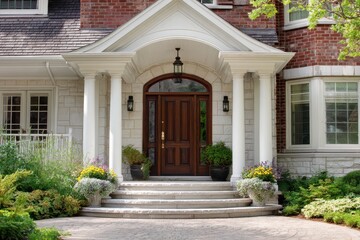 Expensive House Front Door. Elegant Wooden Door and Flagged Brick Steps in Suburban Home